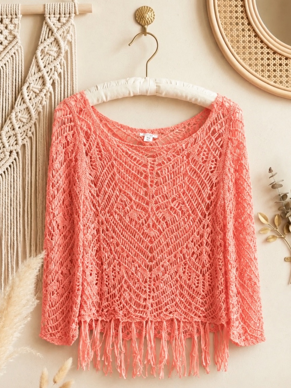 Xhilaration Coral Crochet Fringe Long Sleeve Top